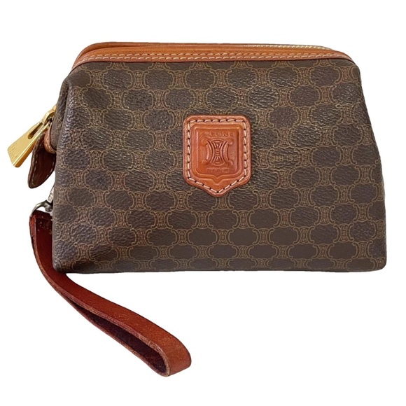 Celine brown macadam canvas and leather vintage framed wristlet pouch - Picture 1 of 12